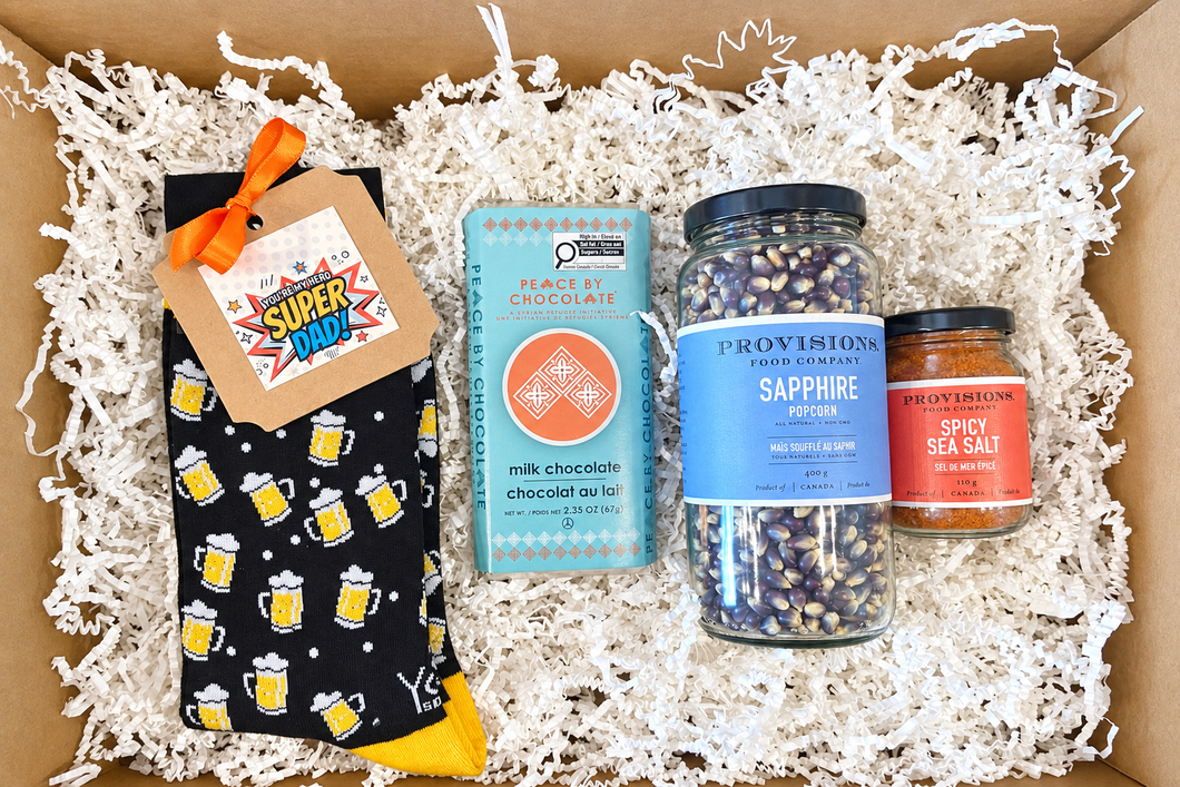 Father's Day local gift box with chocolate, popcorn, popcorn toppings, and beer socks