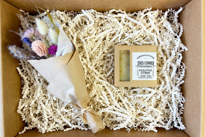 Local Posy and Soap Gift Box with warm-white frizzle